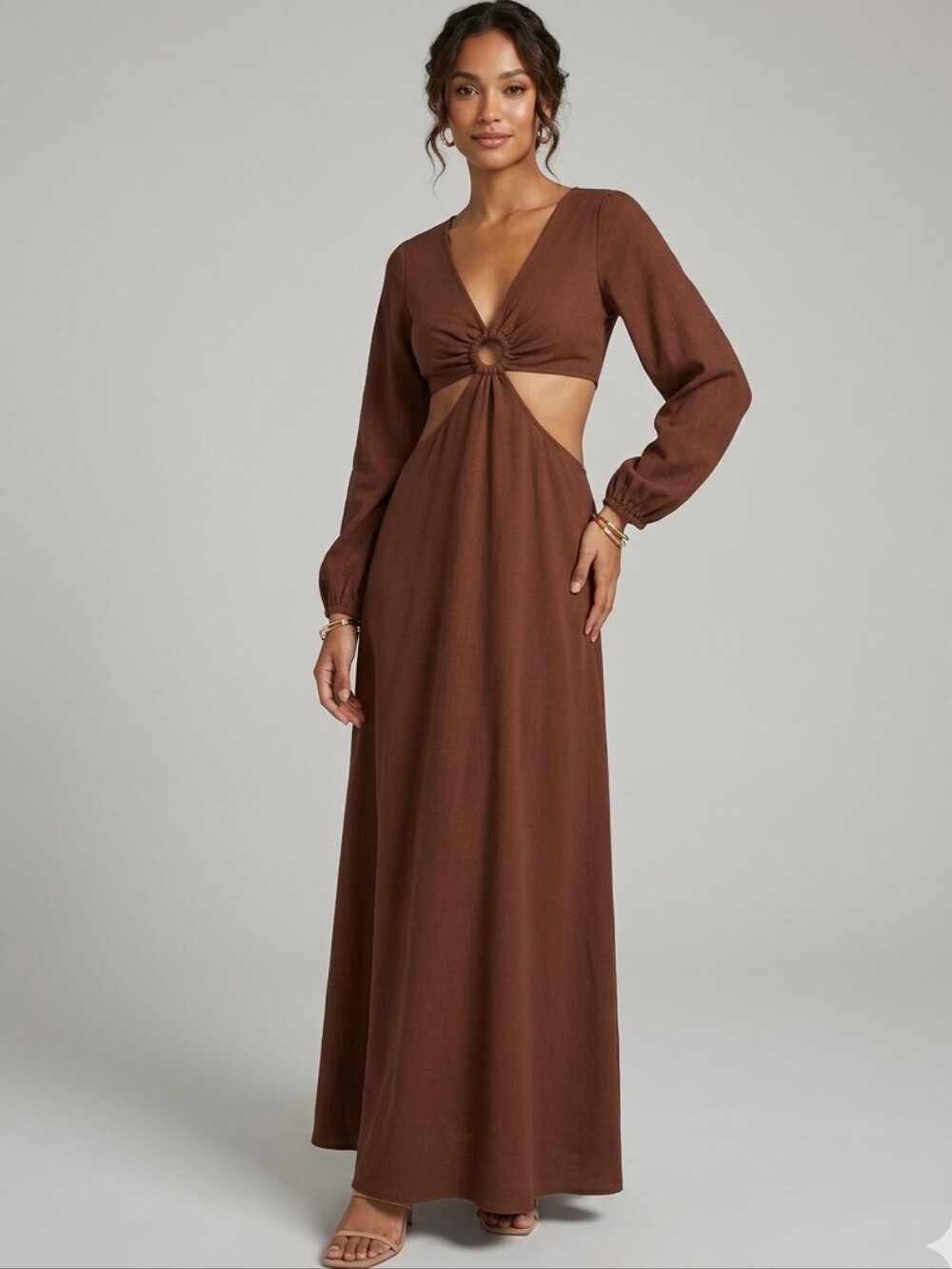 Forever 21 Rust Brown Cutout Long Sleeve Maxi Dress Size M